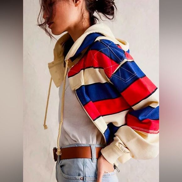 Free People We the Free Ry Zip Through Hoodie in Americana Combo NWOT - Picture 3 of 6